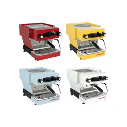 All four Linea Mini Black espresso machines, in red, yellow, white, and pastel blue.