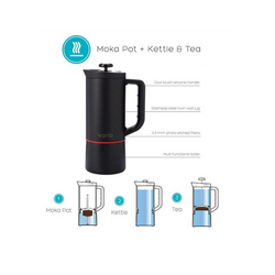 Varia Multi Brewer (black), Moka Pot, Kettle, & Tea.